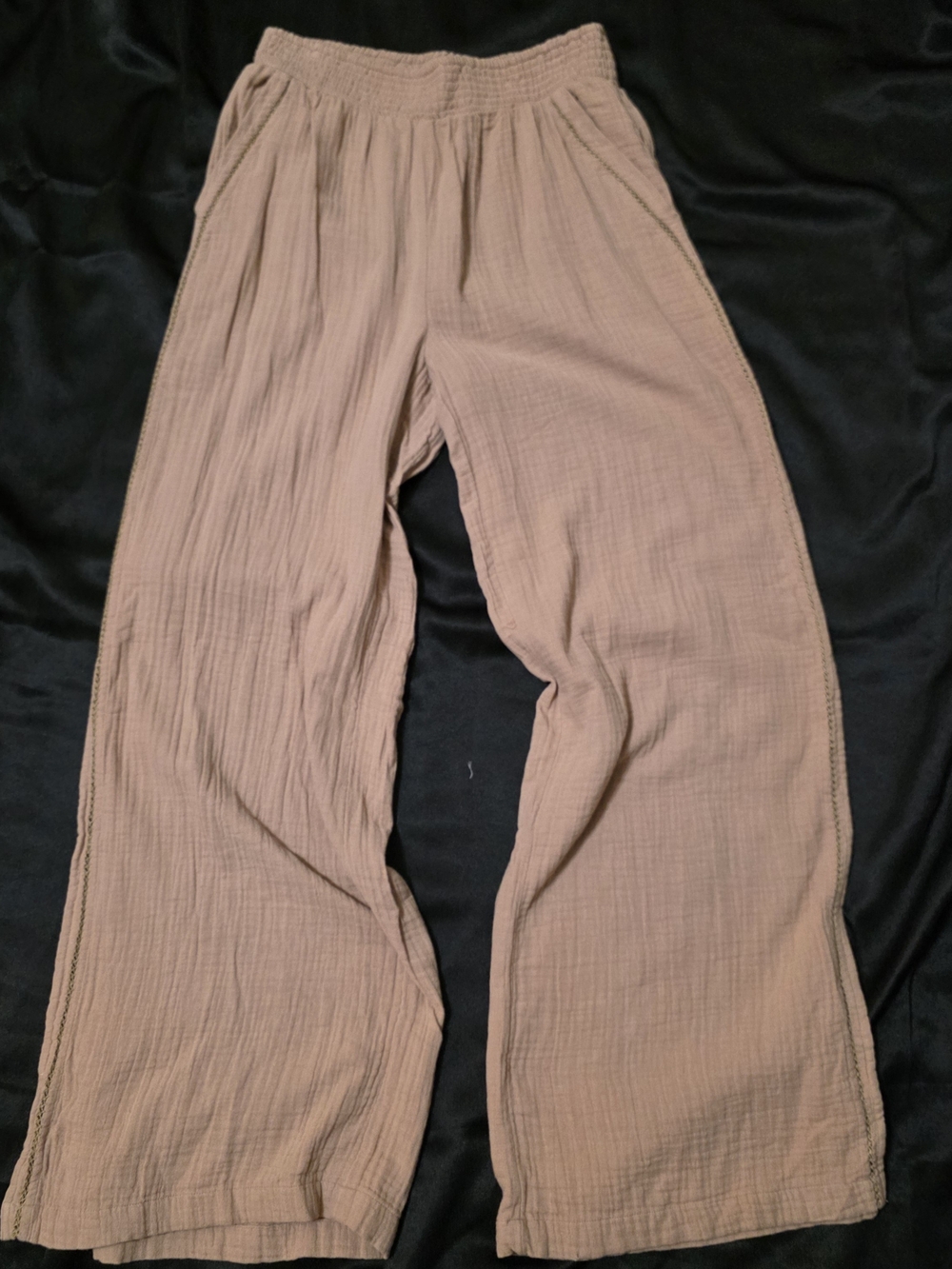 aerie Soft Cotton Wide Leg Pull On Pants With Embroidered Details Has Pockets